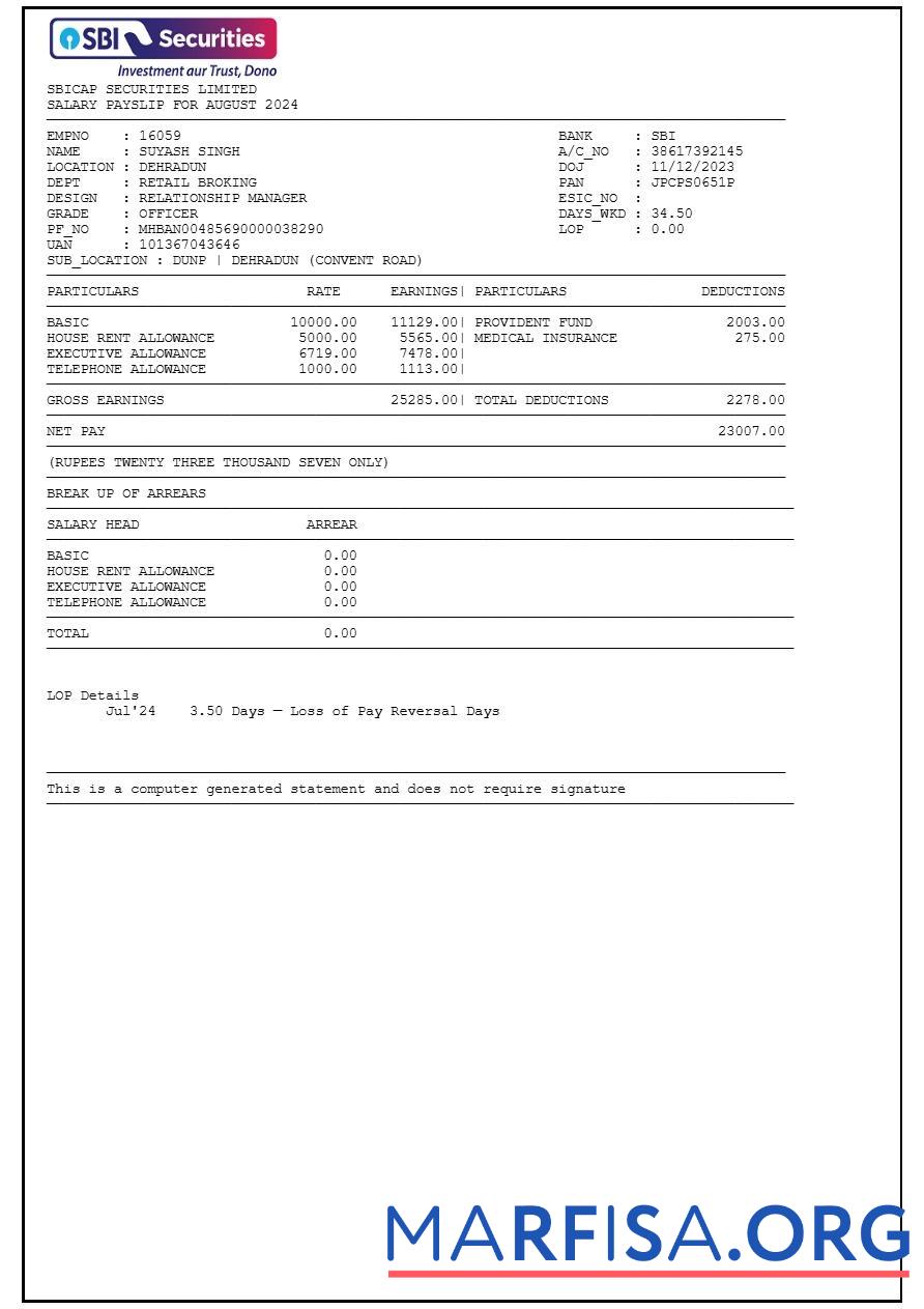 Blank Sbicap Securities payslip download for verification